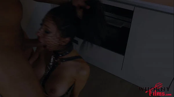 Submissive bimbo slut Evilyn Jezebel wearing leather harness and fishnet mask gets ass pounded and face fucked rough| WHORNYFILMS.COM