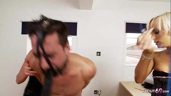 Femdom FFM Threesome Sex for Big Dick Guy by two Sexy Girls in Office